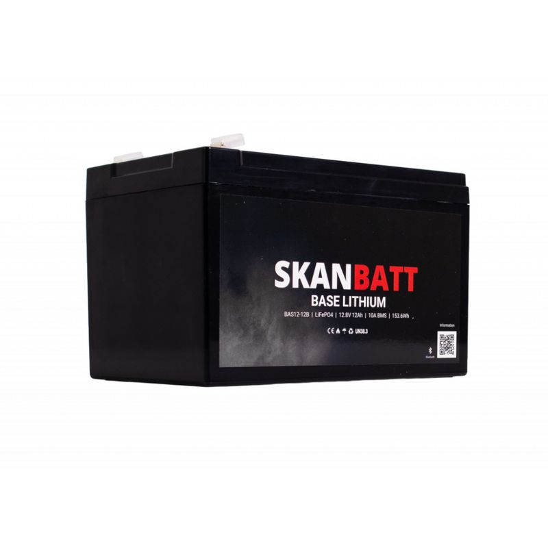 SKANBATT Base Lithium - 12V 12Ah 10A BMS - 151x98x96mm - Bluetooth - 3 Års garanti