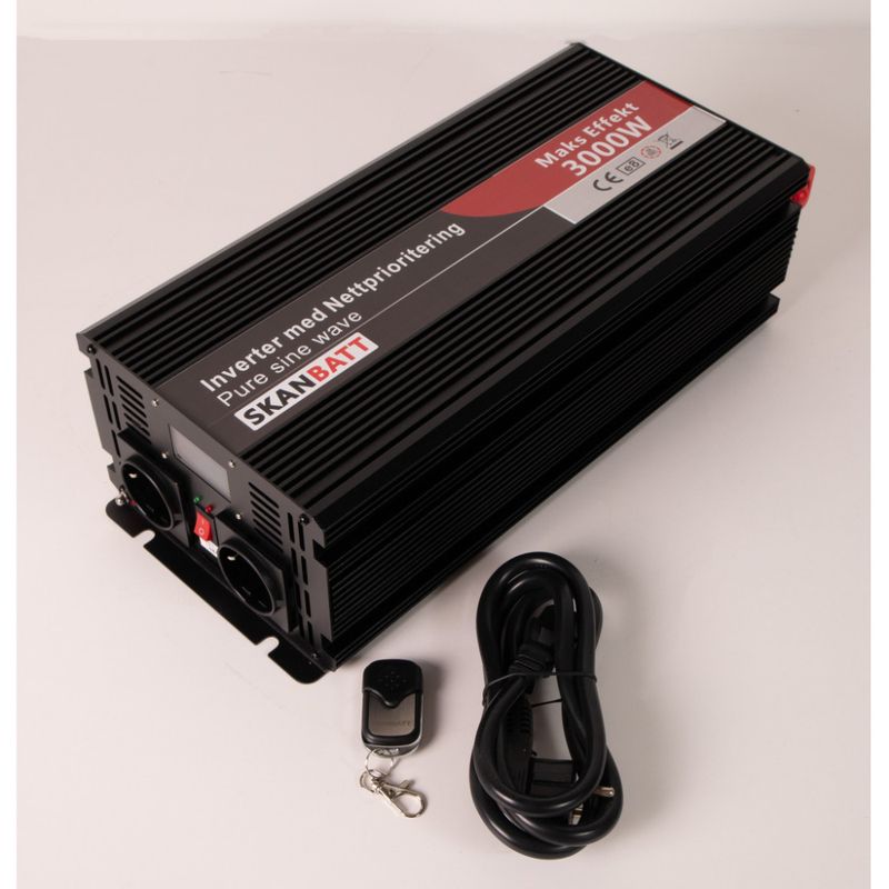 SKANBATT Inverter 12V 3000W Ren Sinus med Nettprioritering